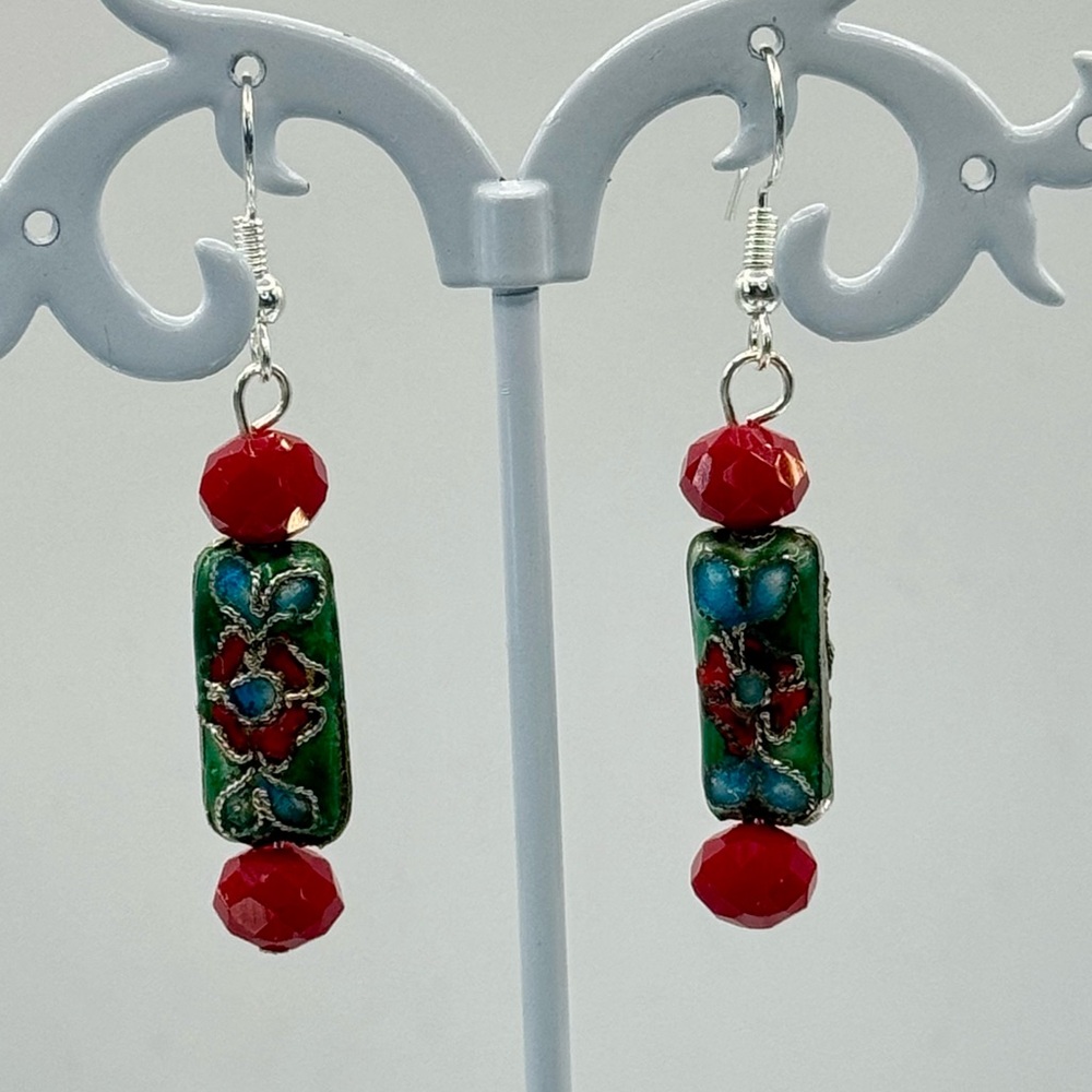 Cloisonné Vintage Green with Red Flowers Beaded Dangle Earrings